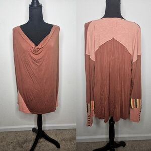 POL Slinky Cowl Neck Mixed Media Rust and Peach Long Sleeve Top w Striped Cuffs